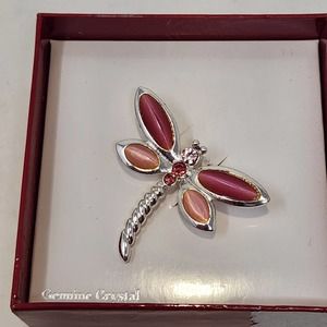 Dragonfly Pink Crystal Faux Moonstone Brooch Pin Silver Tone Insect Bug New